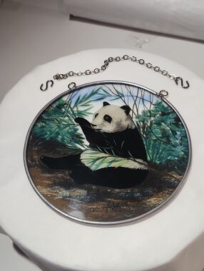 Round Stained Glass Panda Wall Art - Black & Green